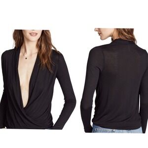 BCBGeneration Black Long Sleeve Wrap Deep V Top‎ NEW
